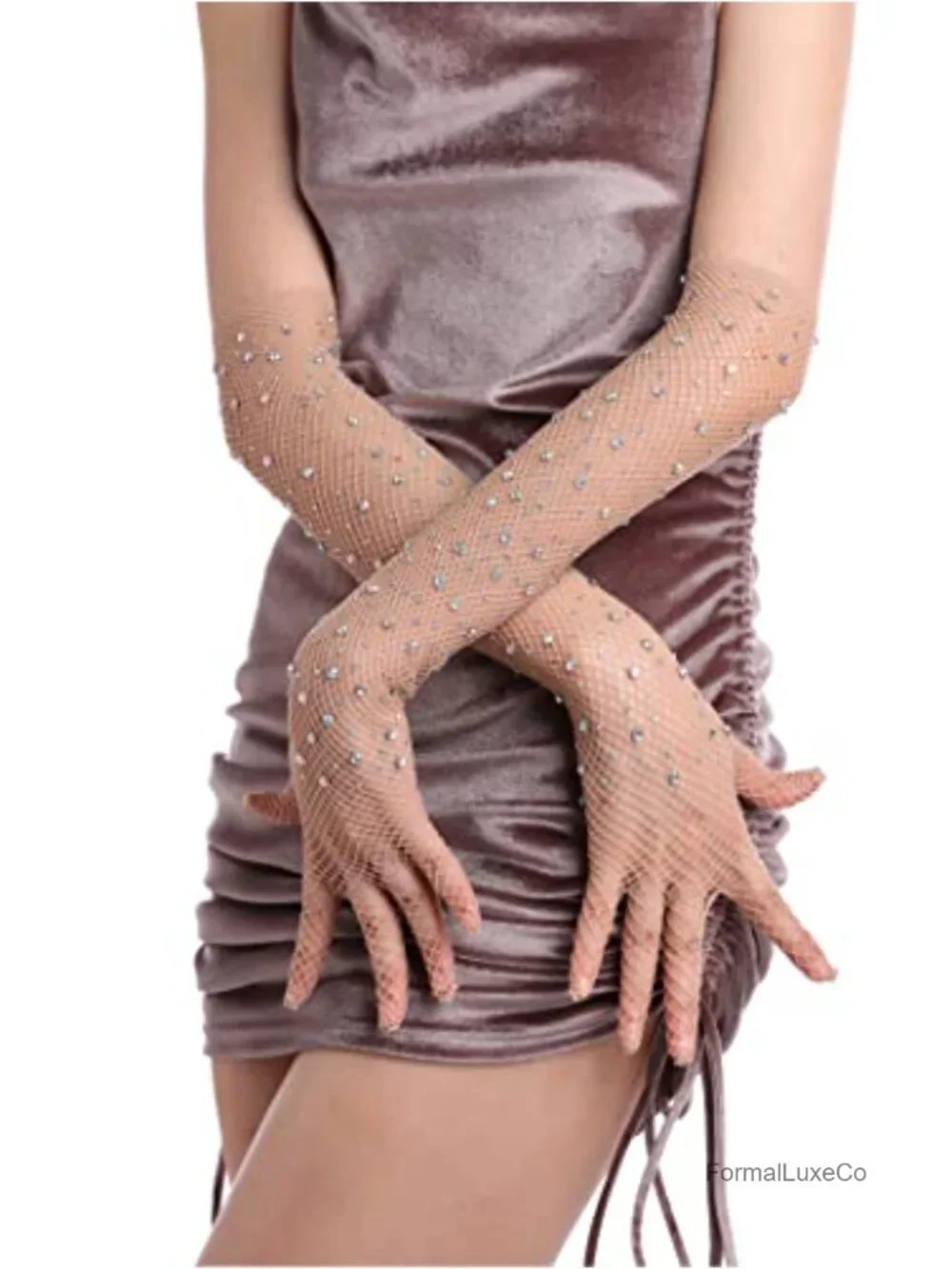 Rhinestone Fishnet Long Gloves Sparkly Glitter Fashion Opera Gloves